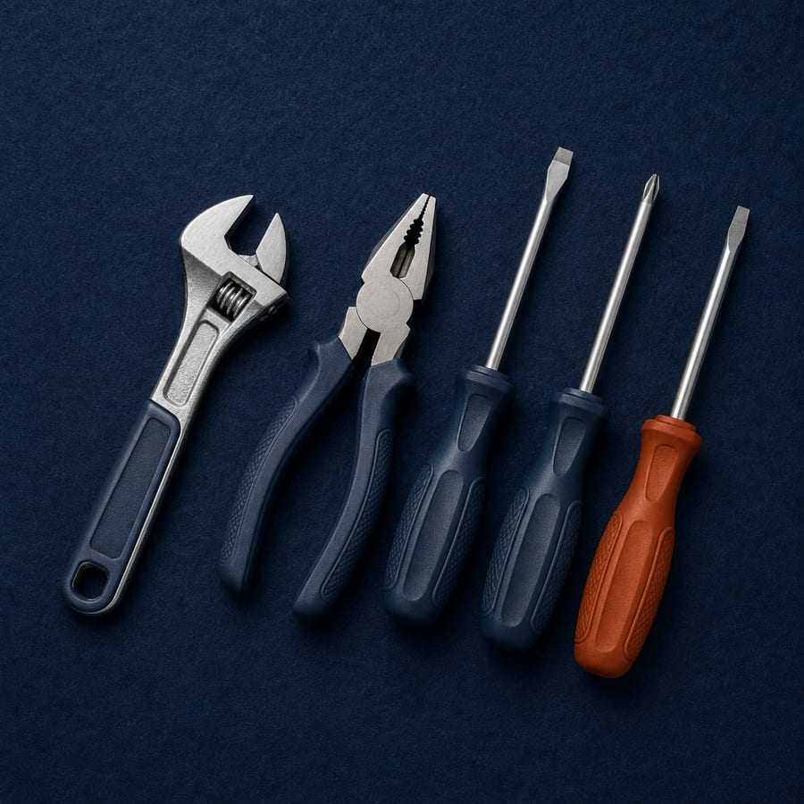 An adjustable wrench, pliers, and screwdrivers arranged in a row