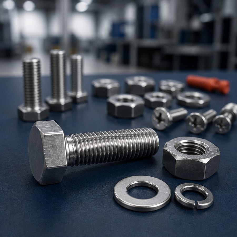 Stainless steel bolts, nuts, washers, and screws arranged on a dark surface