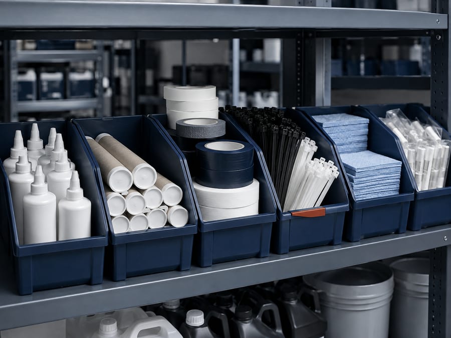Organized supply bins containing tape, cable ties, wipes, and other industrial consumables