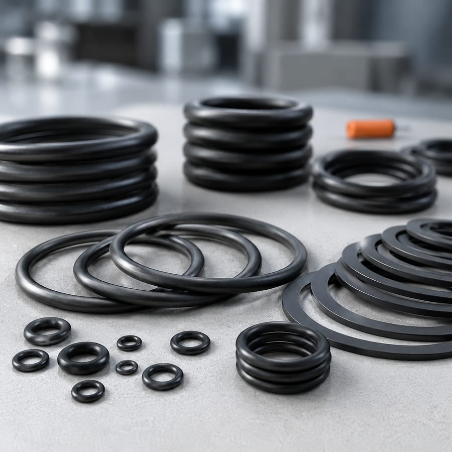 Black rubber O-rings and sealing gaskets of various sizes