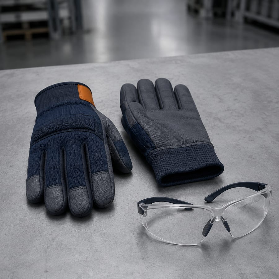 A pair of heavy-duty work gloves and clear safety glasses