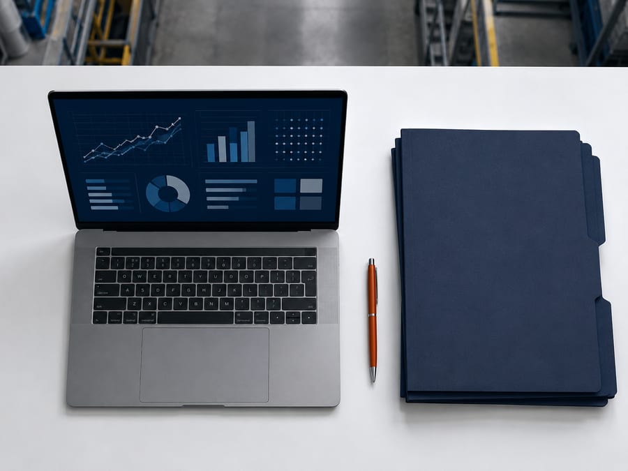 A laptop displaying a procurement dashboard next to file folders on a desk
